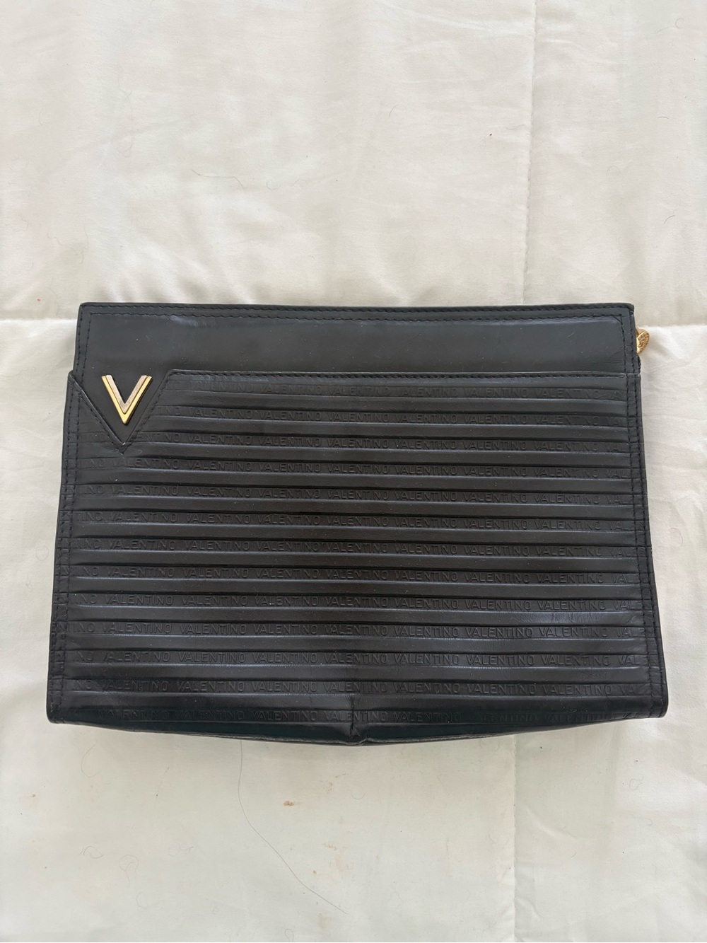 Valentino Black Leather Toiletry Pouch with Gold V Emblem